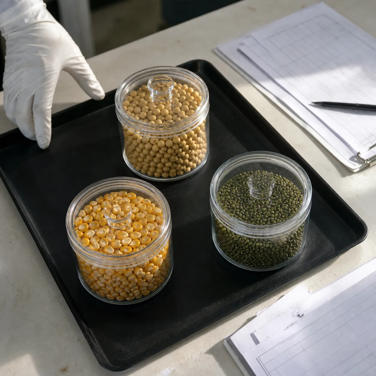 Transparent jars of soybeans, corn kernels, and mung beans on a black inspection tray