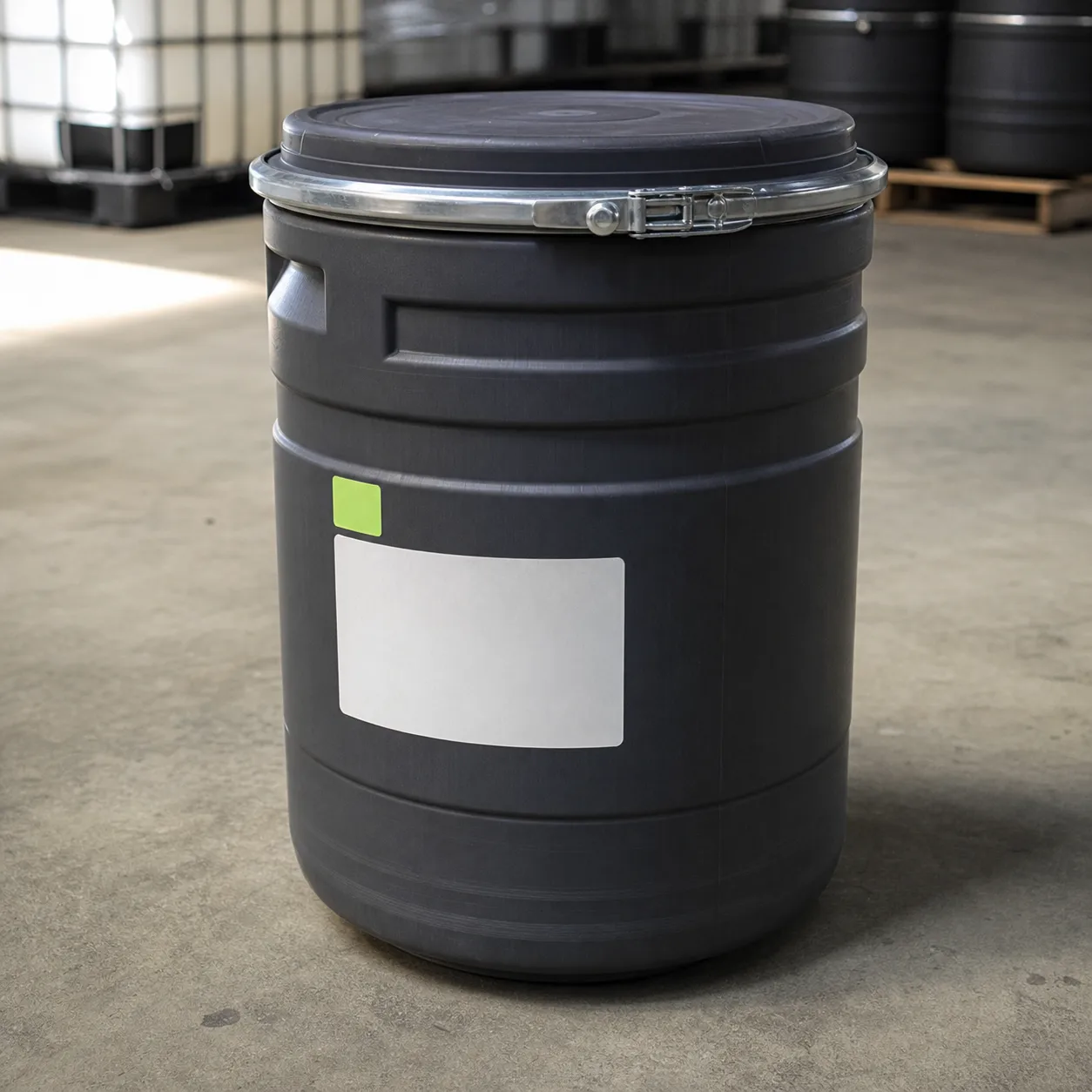 Sealed dark gray chemical drum with clamp ring and handling label on a warehouse floor