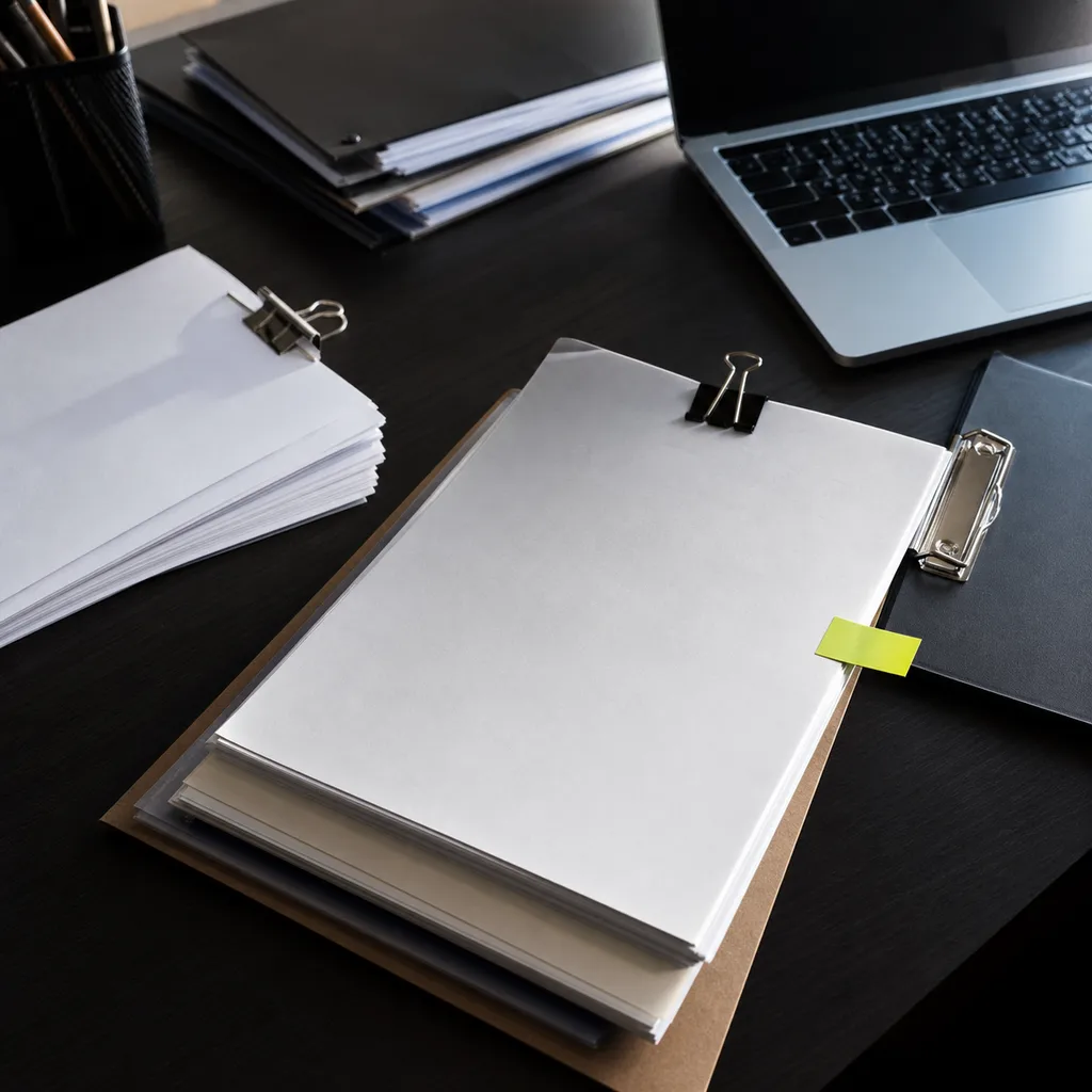 Dark commercial document desk with product records, packing notes, and a laptop under side light