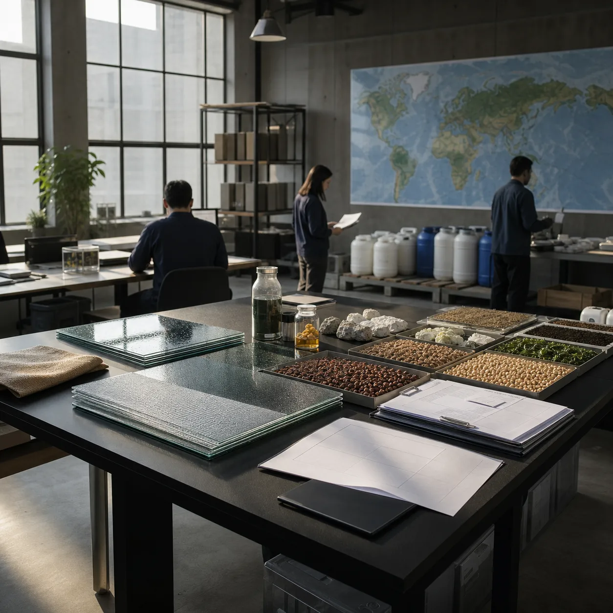 Industrial sourcing operations room with solar glass, sealed chemical containers, agricultural commodity trays, and trade documents