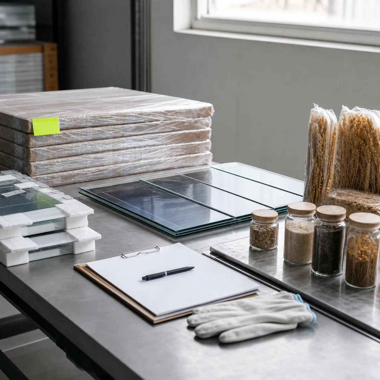 Material inspection bench with solar glass, sealed packaging, commodity jars, and checklist documents
