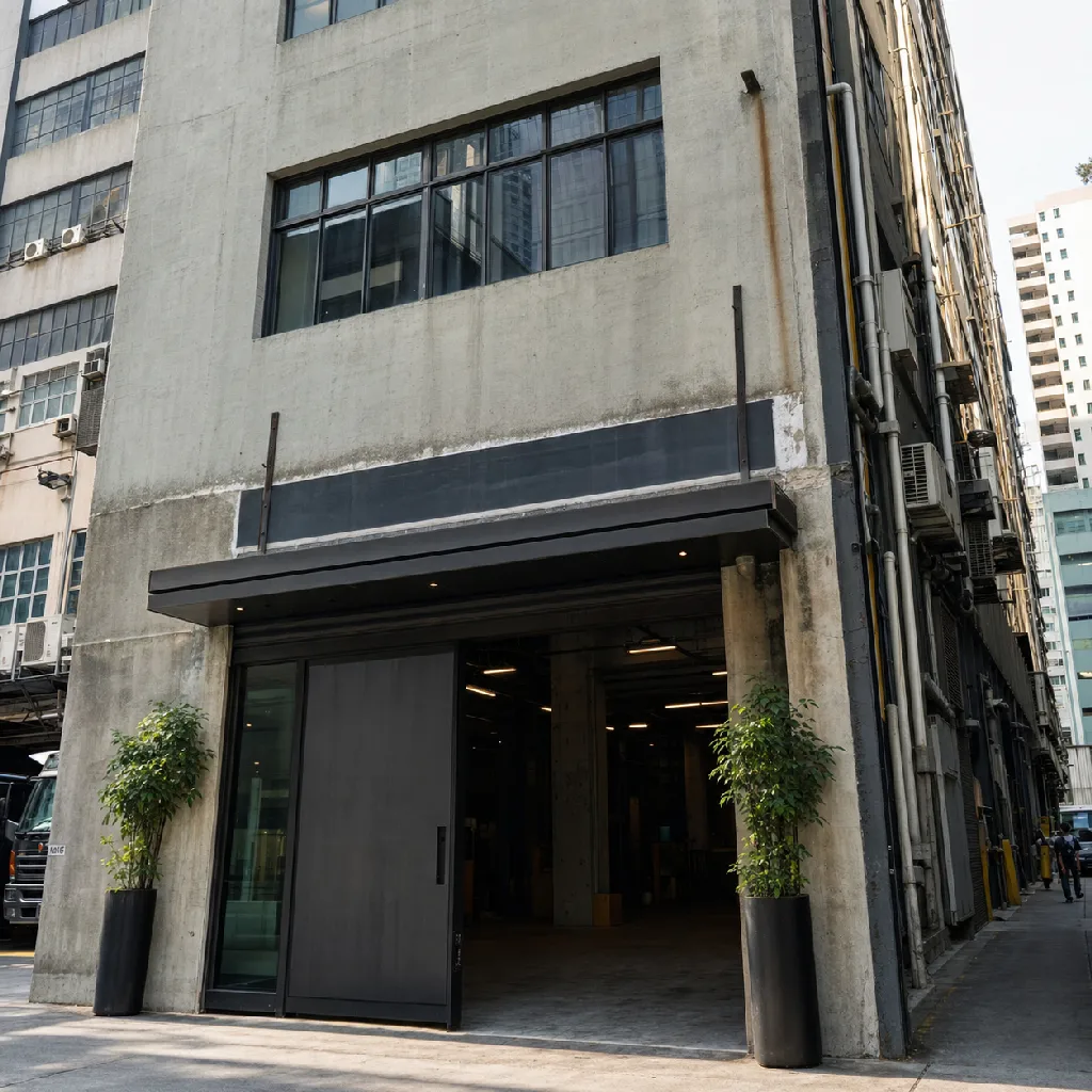 Industrial building entrance and upper floors in Kwun Tong under clean directional daylight