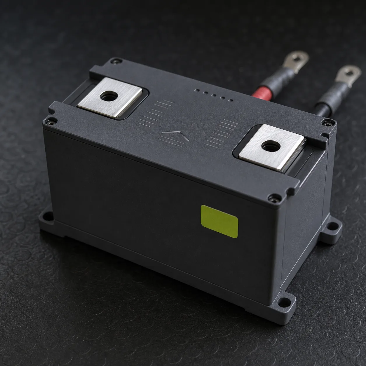 Matte graphite industrial battery module on a clean inspection surface