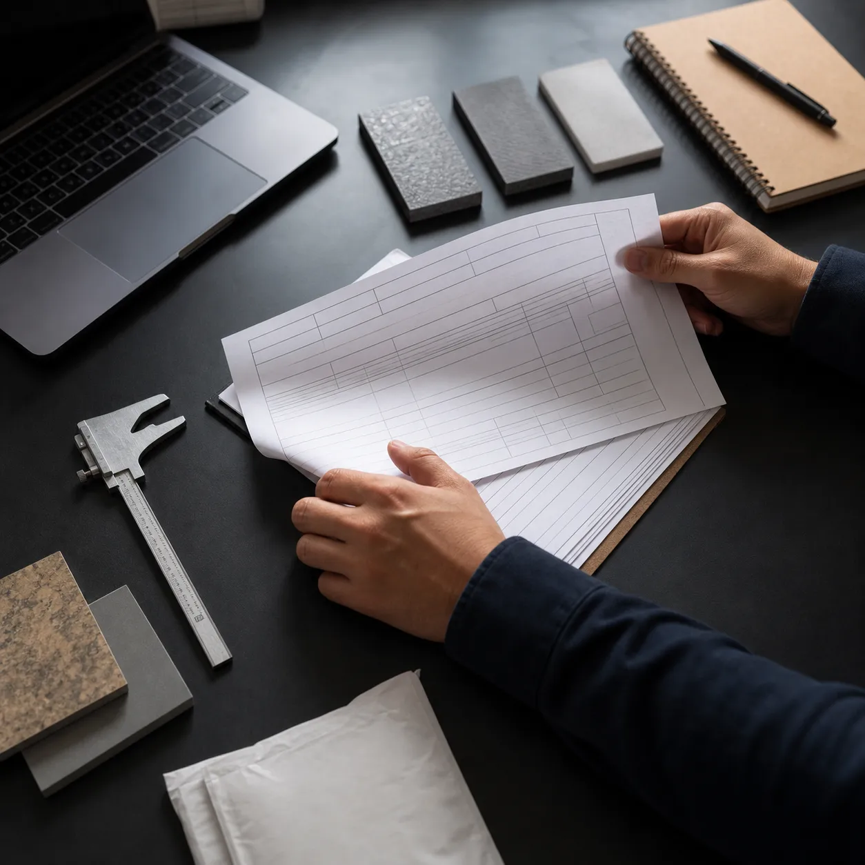 Hands reviewing commercial documents beside material specimens on a dark worktable